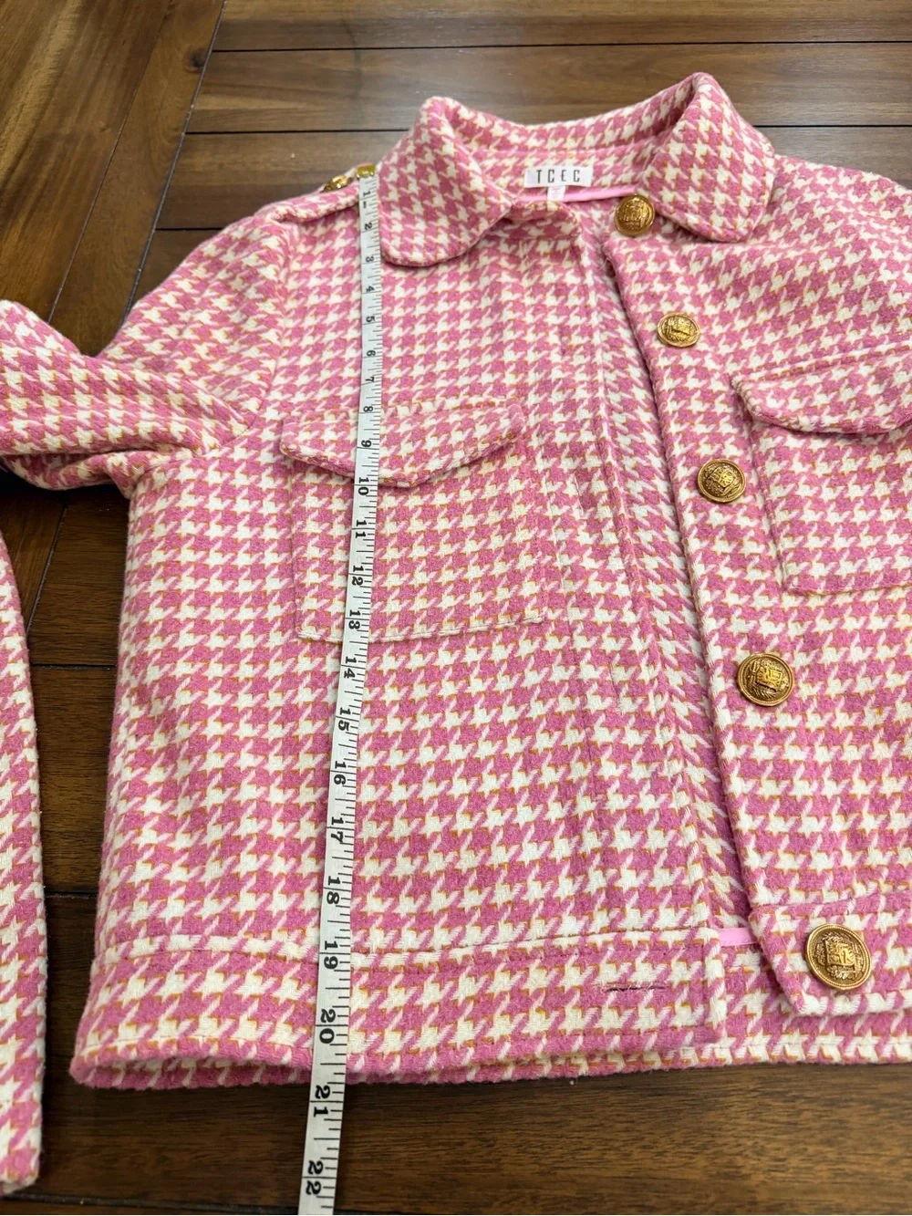 TCEC Pink Tweed Houndstooth Blazer Jacket & Skort Shorts Set Metallic Gold M